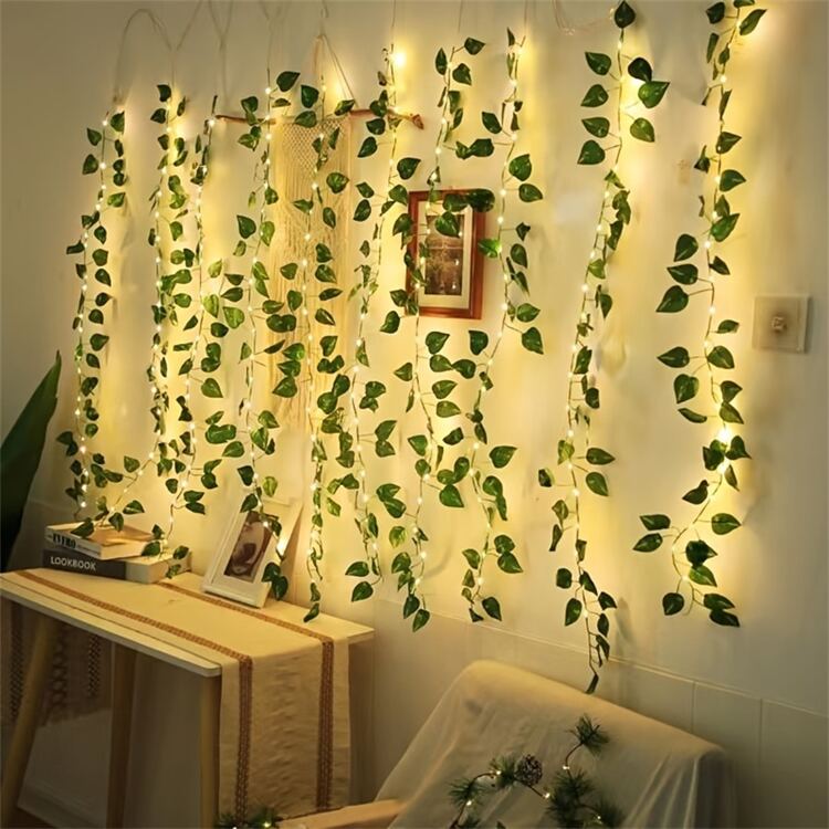 1 Juego, Cadena De Lámpara Led Con Diseño De Hojas Verdes Para La Decoración De Fiestas De Navidad, Halloween, Bodas, Para Exteriores (2m/6.56ft 20 Led) (batería No Incluida) - Verde - Ver 6