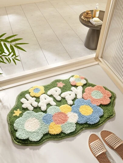 DAJIANG 1pc Flocked Polyester Material, All Season, Asymmetrical Shape, Thickened, Floral, "Happy" Letter, Cartoon, Anti-Slip TPR Bottom, Soft, Absorbent, Comfortable, Machine Washable, Hand Washable, Easy To Clean, Suitable For Sink, Shower, Bathtub, Bathroom Mat Entryway Decor