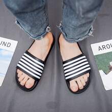 條紋圖案男士拖鞋,防滑,耐磨,經典海灘鞋,合適的適用於情侶,防滑 - 黑色 - 查看 3