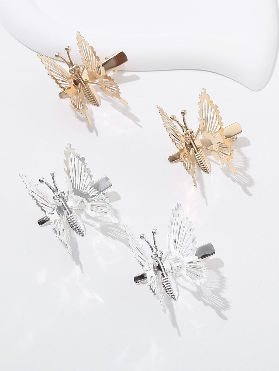 Set de 4 pinzas para el cabello de mujer con diseño de mariposa dorada en movimiento, accesorios para el cabello, pasadores de pelo