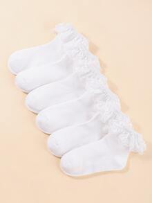 6雙女孩蕾絲邊素色襪子 - 白色 - 查看 3