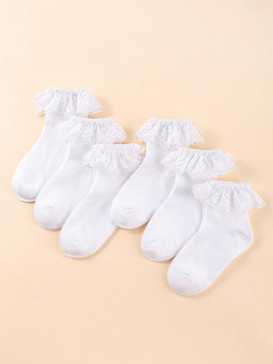 6雙女孩蕾絲邊素色襪子 - 白色 - 查看 1