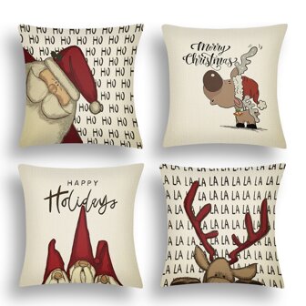 4pcs Christmas Themed Linen Pillowcase Covers With Deer And Santa Print