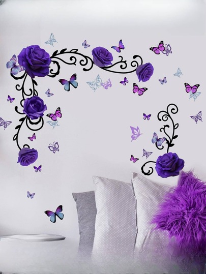 2pcs Purple Fairy Flower Butterfly Home Decoration Wall Stickers For Kitchen, Bedroom, Living Room Background Wall