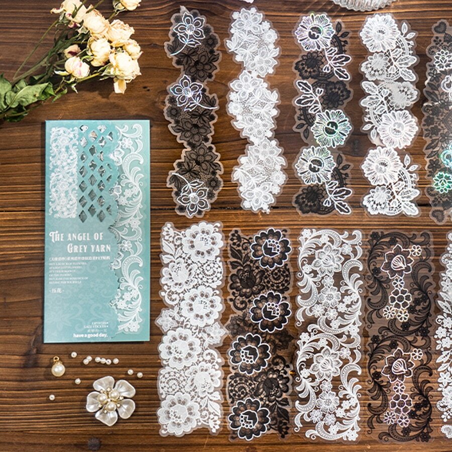 have a good day 10入組/包復古黑白花邊圖案貼紙,適用於剪貼簿、日記、美學筆記本和diy手工材料