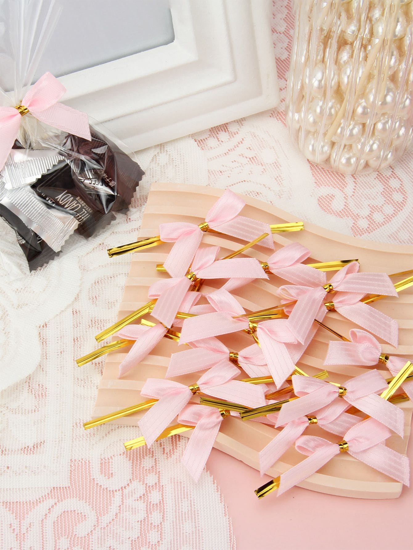 20pcs Ribbon Bowknot Adorned Seal Line For Candy, Small Cake, Cookie Packaging - Pink - View 1