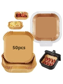 50入組烘焙用紙，極簡主義白色空氣炸鍋墊紙，廚房烤盤炸鍋墊紙，空氣炸鍋專用紙，炸氣鍋紙，空氣蒸鍋墊紙 - 棕色 - 查看 1