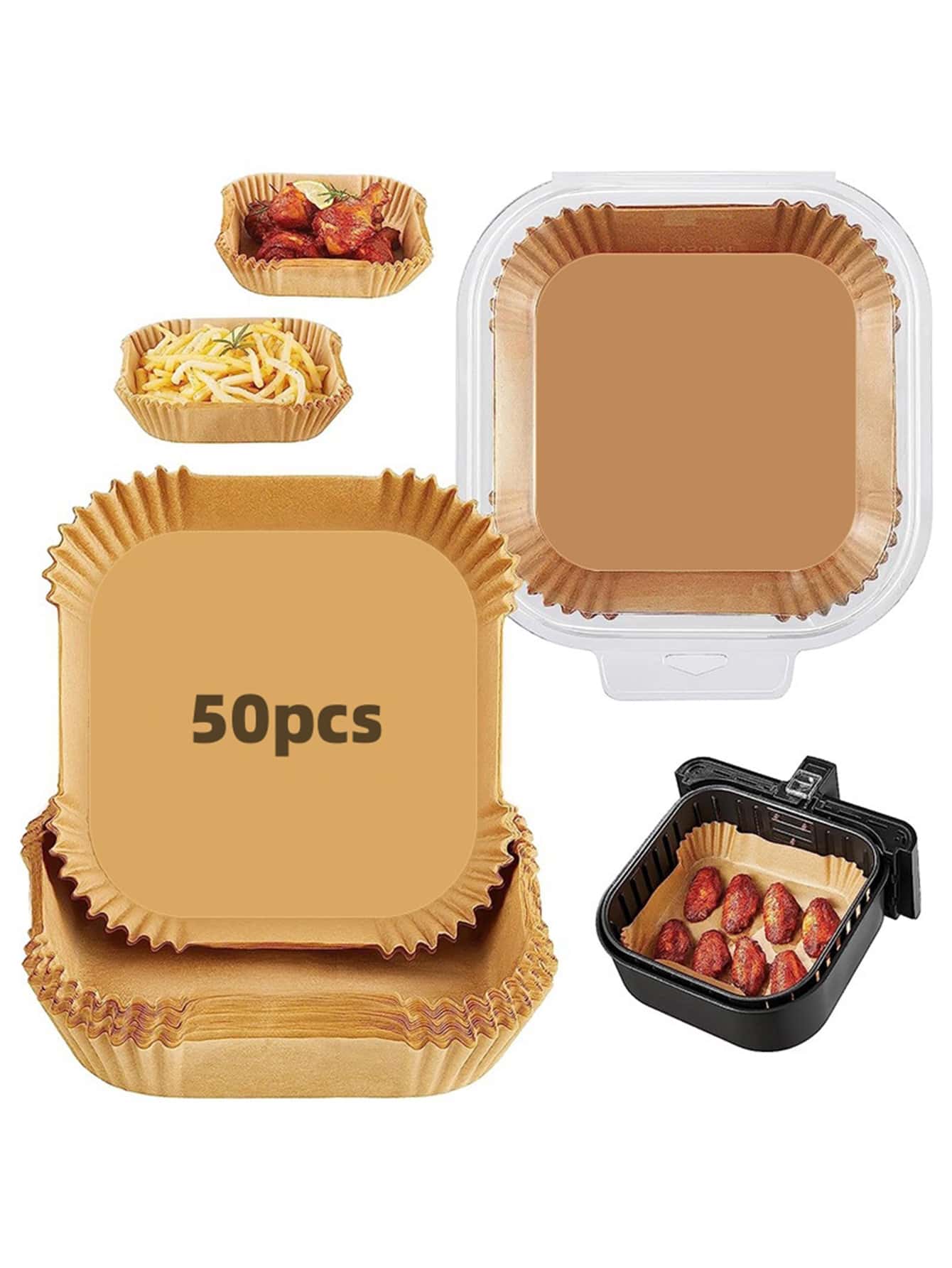 50入組烘焙用紙，極簡主義白色空氣炸鍋墊紙，廚房烤盤炸鍋墊紙，空氣炸鍋專用紙，炸氣鍋紙，空氣蒸鍋墊紙 - 棕色 - 查看 1