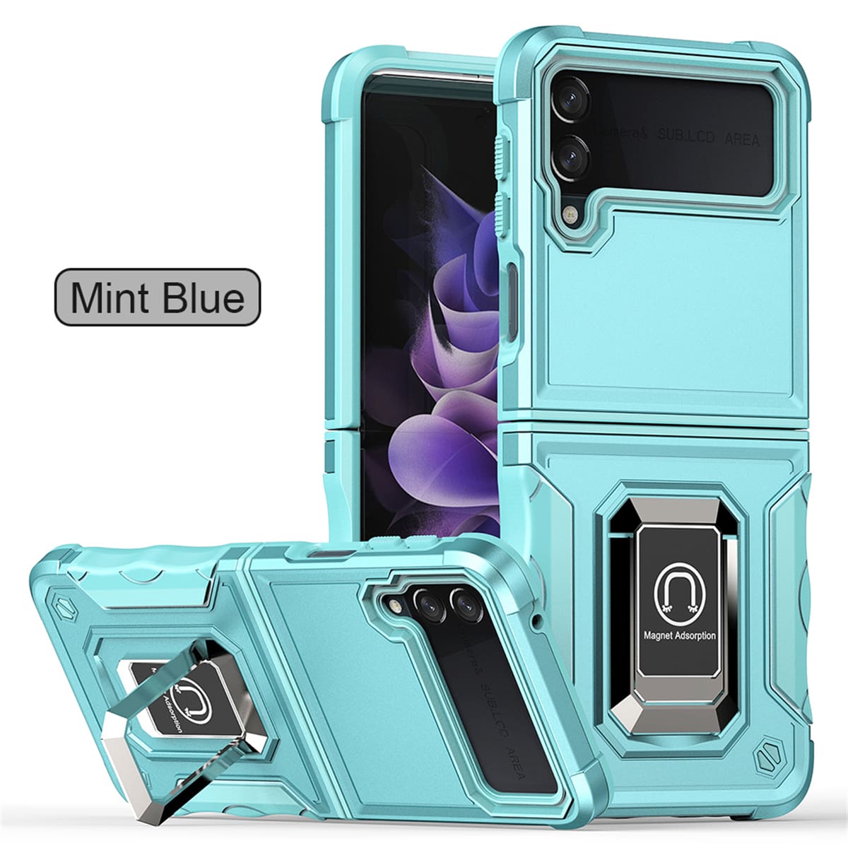 薄荷藍色折疊式手機殼,背帶和手指環扣,防摔,適用於三星z翻轉4可折疊手機 - 薄荷藍(指環) - 查看 1