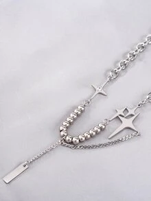 1pc Creative Fashionable Stainless Steel Beaded Star Chain Necklace, Men's Party Accessory - Silver - View 2