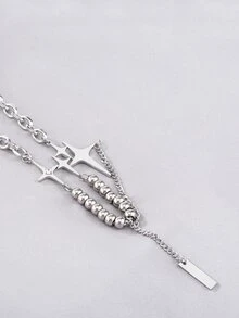 1pc Creative Fashionable Stainless Steel Beaded Star Chain Necklace, Men's Party Accessory - Silver - View 5