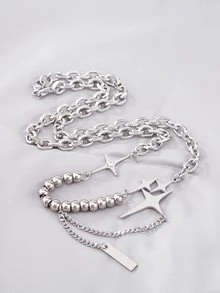 1pc Creative Fashionable Stainless Steel Beaded Star Chain Necklace, Men's Party Accessory - Silver - View 1
