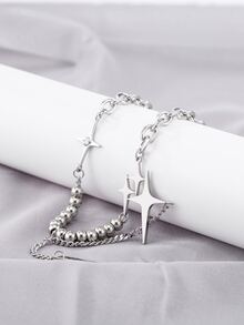 1pc Creative Fashionable Stainless Steel Beaded Star Chain Necklace, Men's Party Accessory - Silver - View 3