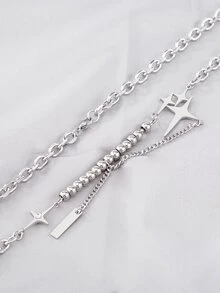 1pc Creative Fashionable Stainless Steel Beaded Star Chain Necklace, Men's Party Accessory - Silver - View 4