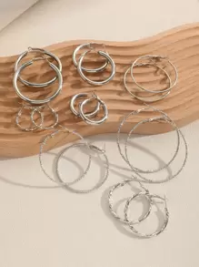 誇張百搭大圈圈耳環金屬圈耳釘套裝多件耳環 - 銀色 - 查看 3