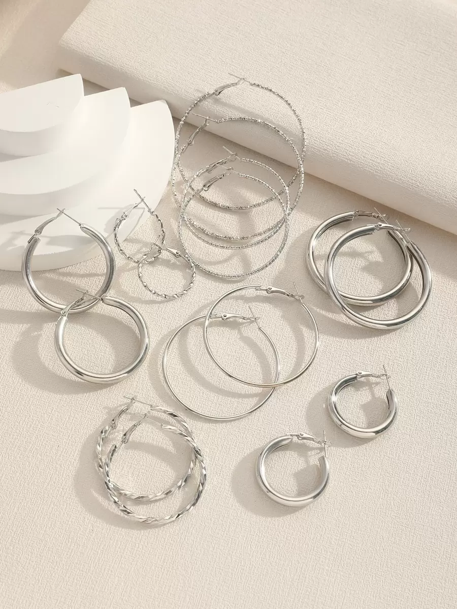 誇張百搭大圈圈耳環金屬圈耳釘套裝多件耳環 - 銀色 - 查看 1