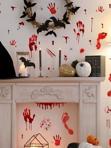 1套萬聖節血手印腳印裝飾牆貼窗貼客廳臥室背景家居裝飾貼紙 - 紅色 - 查看 3
