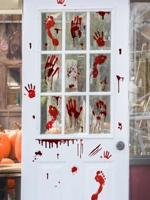 1套萬聖節血手印腳印裝飾牆貼窗貼客廳臥室背景家居裝飾貼紙 - 紅色 - 查看 4