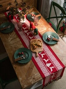 1 件流苏流苏桌旗，适合圣诞节餐桌装饰 - 紅色 - 查看 4