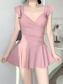 One Piece Swimsuit With Built-in Shorts And Square-cut Design - Dusty Pink - View 1