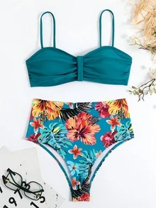 植物印花衬垫褶皱半身分体细肩带比基尼套装夏季 - 水鴨藍 - 查看 2