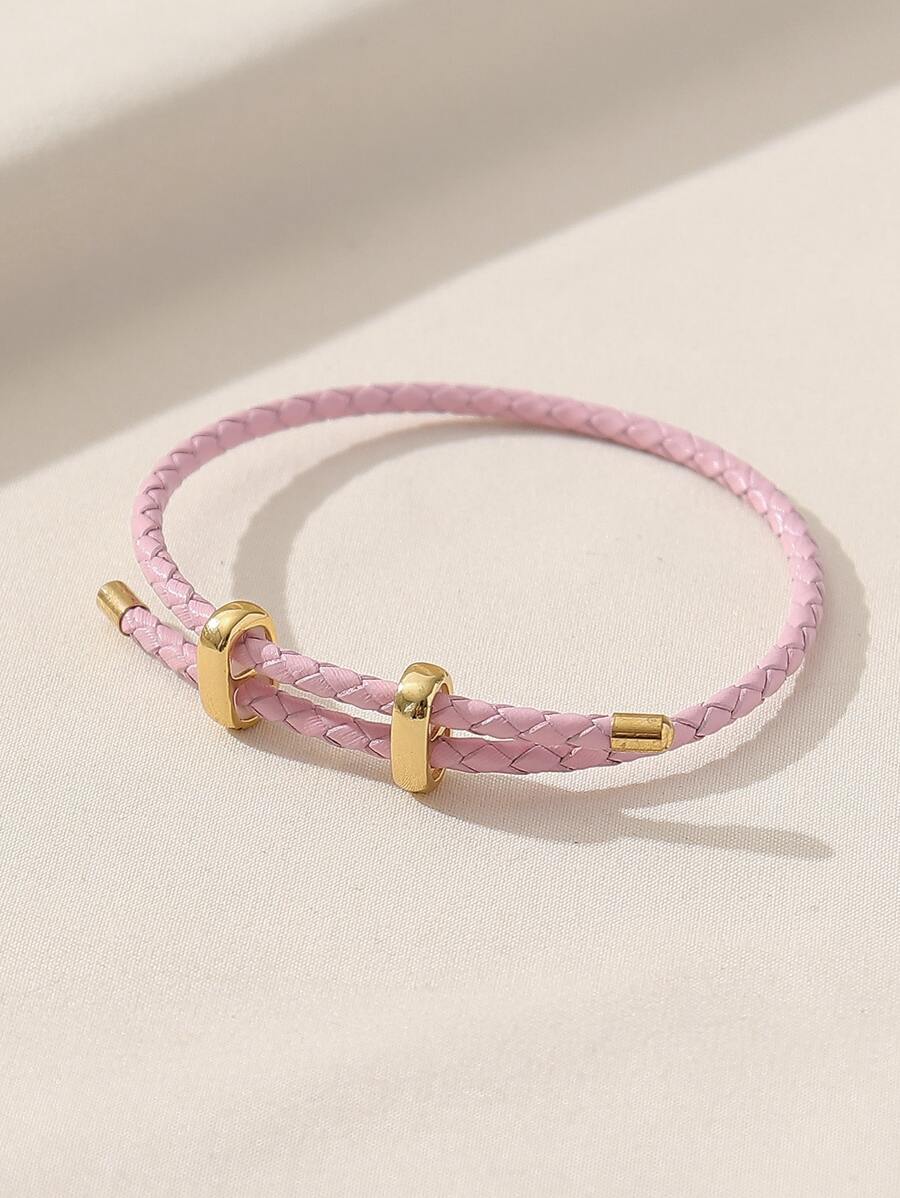 1pc College Style Solid Color Pu Leather Bracelet With Metal Buckle, For Women's Diy Jewelry Making - Pink - View 1