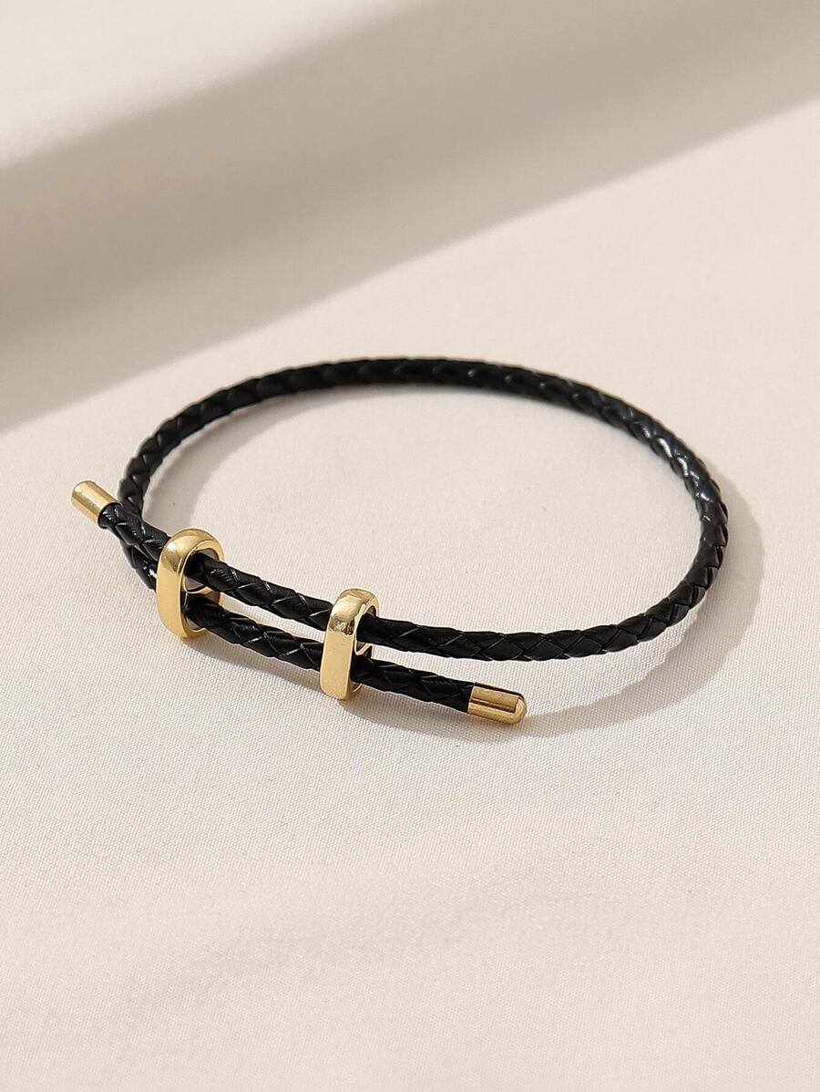 1pc School Style Solid Color Alloy Buckle Adjustable Pu Cord Bracelet For Women Diy Jewelry Making - Black - View 1