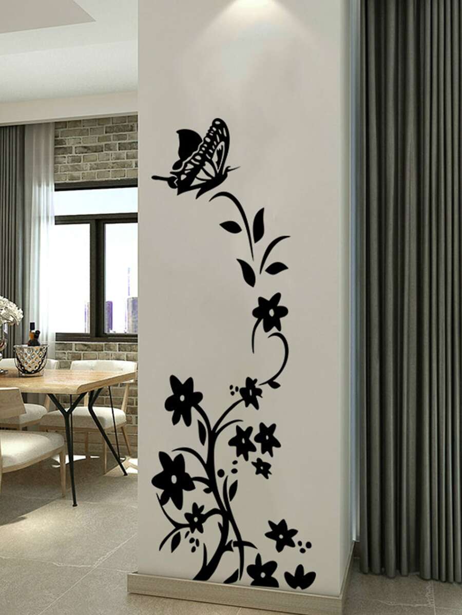 Pegatina de pared adhesiva creativa con diseño de mariposa negra, flores y enredaderas para decoración del hogar en sala de estar, dormitorio, decoración de primavera, elementos decorativos para refrescar tu hogar, adhesivo de vinilo para decoraciones
