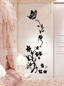 Pegatina de pared adhesiva creativa con diseño de mariposa negra, flores y enredaderas para decoración del hogar en sala de estar, dormitorio, decoración de primavera, elementos decorativos para refrescar tu hogar, adhesivo de vinilo para decoraciones