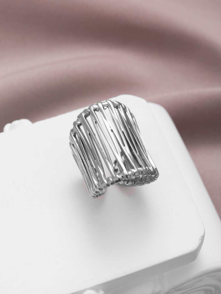 1 Nhẫn Dopamine Mạ Vàng 14K Thời Trang Bằng Thép Không Gỉ Phong Cách Baroque, Nhẫn Mở Rộng Được Trang Trí, Thích Hợp Để Đeo Hàng Ngày Và Tặng Quà Cho Nữ - Bạc - Xem 1