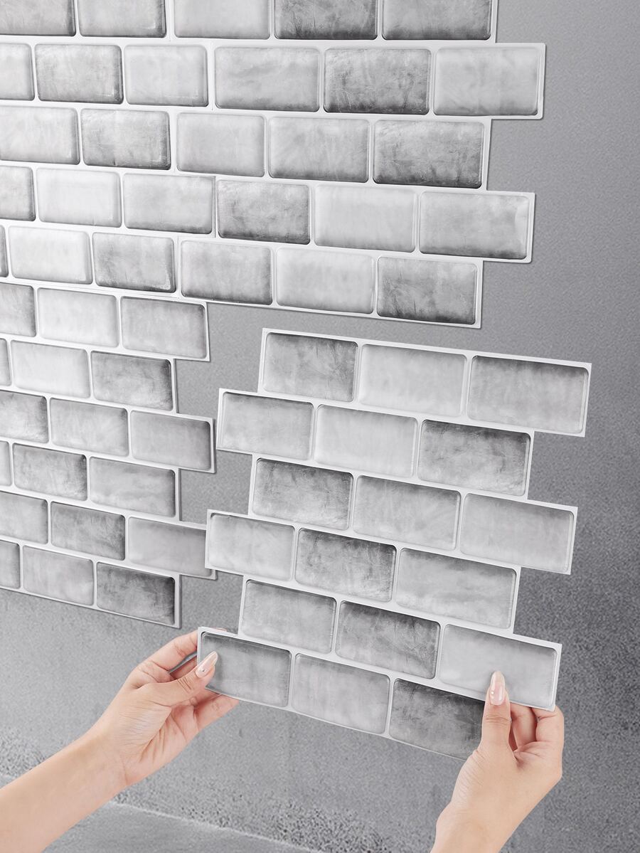 藍色的&白色撞色3D磚塊圖案創意牆貼自黏式防水防潮牆紙適用於牆裝修和保護,客廳,臥室,餐廳墻面裝飾貼紙 - 霧霾藍 - 查看 1