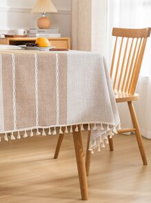 1 chiếc khăn trải bàn vải lanh sọc đơn giản màu be, thích hợp sử dụng trong nhà - Màu be - Xem 8