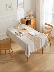 1 chiếc khăn trải bàn vải lanh sọc đơn giản màu be, thích hợp sử dụng trong nhà - Màu be - Xem 1