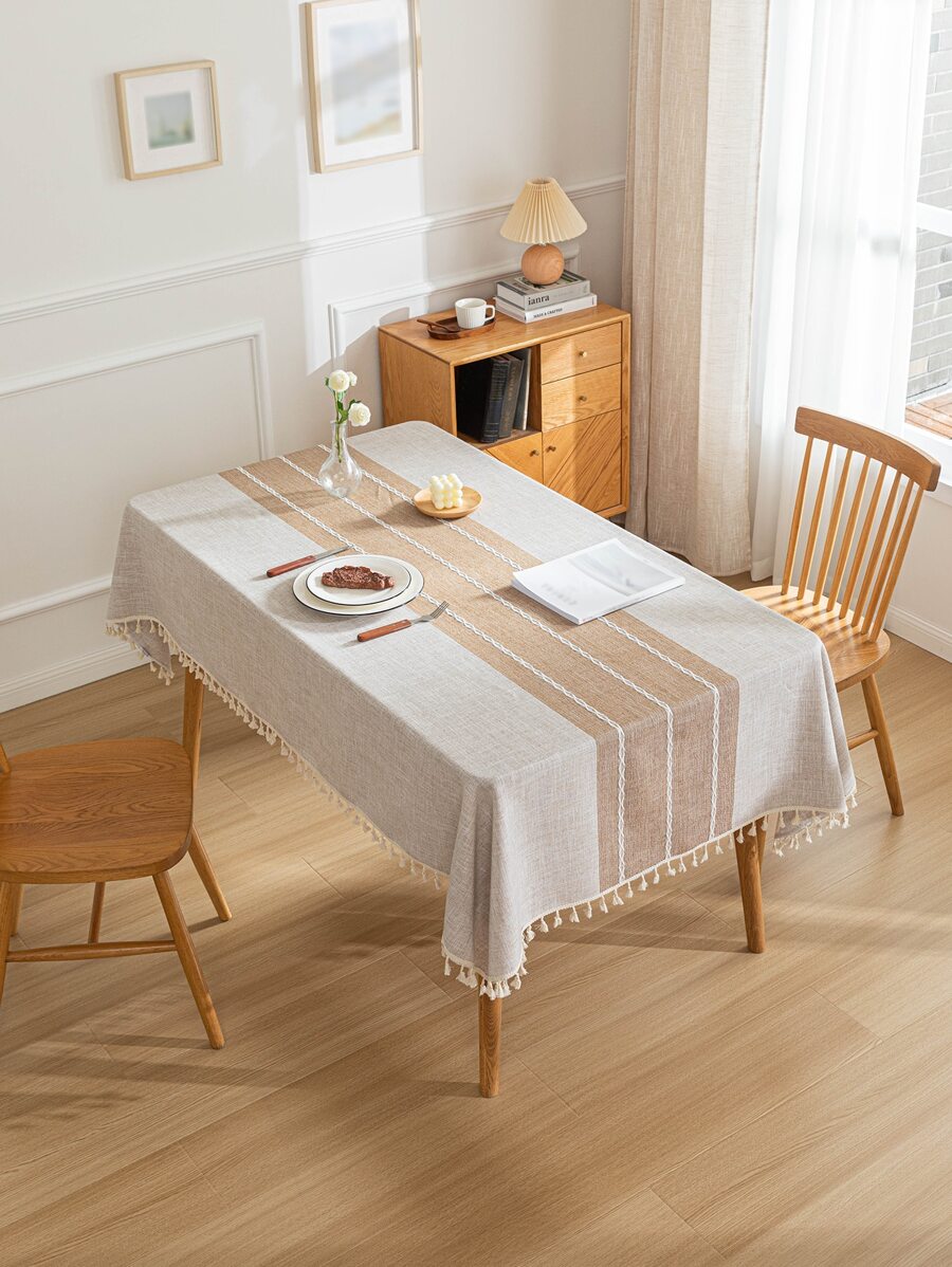 1 chiếc khăn trải bàn vải lanh sọc đơn giản màu be, thích hợp sử dụng trong nhà - Màu be - Xem 1