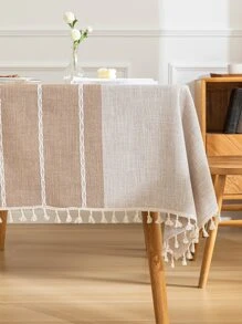 1 chiếc khăn trải bàn vải lanh sọc đơn giản màu be, thích hợp sử dụng trong nhà - Màu be - Xem 2