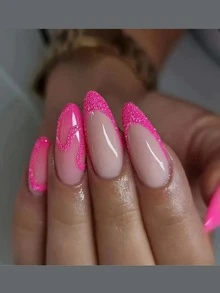 24 Pieces Of Pre-cut Pink Gradient French Glitter Artificial Nails With Rounded Almond Shape For Sweet And Ins Style, Includes 1 Wooden File And Fits 12 Sizes - Hot Pink - View 5