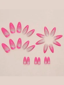 24 Pieces Of Pre-cut Pink Gradient French Glitter Artificial Nails With Rounded Almond Shape For Sweet And Ins Style, Includes 1 Wooden File And Fits 12 Sizes - Hot Pink - View 2