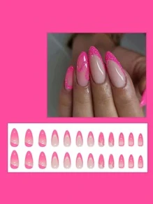 24 Pieces Of Pre-cut Pink Gradient French Glitter Artificial Nails With Rounded Almond Shape For Sweet And Ins Style, Includes 1 Wooden File And Fits 12 Sizes - Hot Pink - View 1