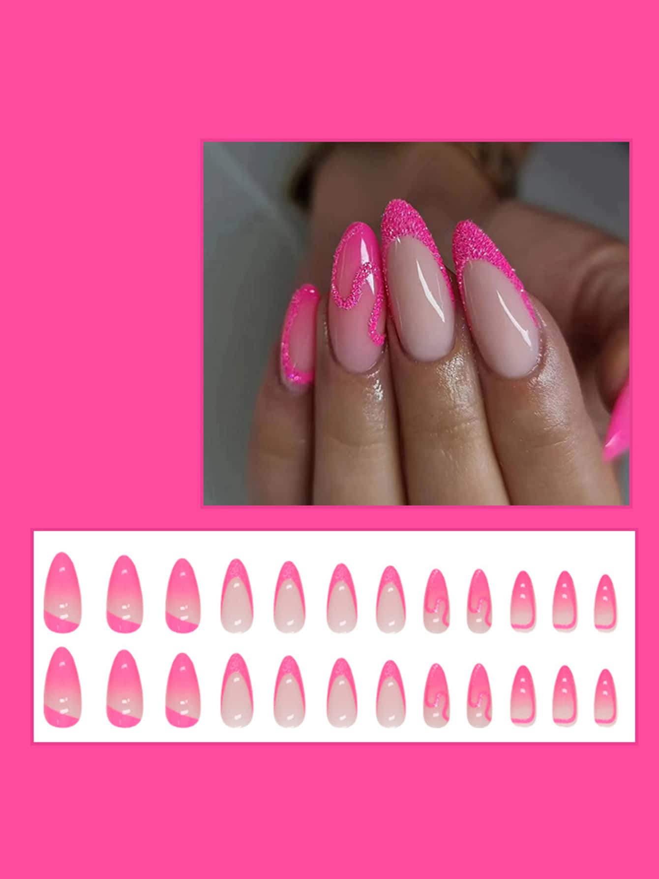 24 Pieces Of Pre-cut Pink Gradient French Glitter Artificial Nails With Rounded Almond Shape For Sweet And Ins Style, Includes 1 Wooden File And Fits 12 Sizes - Hot Pink - View 1