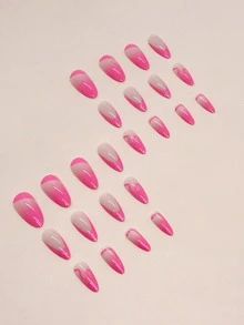 24 Pieces Of Pre-cut Pink Gradient French Glitter Artificial Nails With Rounded Almond Shape For Sweet And Ins Style, Includes 1 Wooden File And Fits 12 Sizes - Hot Pink - View 3