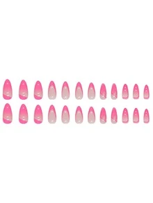 24 Pieces Of Pre-cut Pink Gradient French Glitter Artificial Nails With Rounded Almond Shape For Sweet And Ins Style, Includes 1 Wooden File And Fits 12 Sizes - Hot Pink - View 4