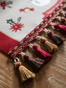 1pc Tassel Fringe Decorated Table Runner, For Christmas Table Decor - Beige - View 3