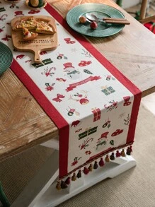 1pc Tassel Fringe Decorated Table Runner, For Christmas Table Decor - Beige - View 6