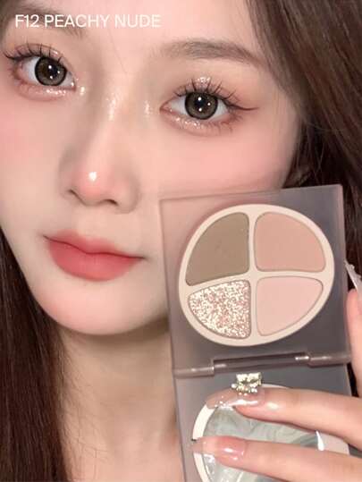JOOCYEE Mini Quad Eyeshadow Palette F12 Peachy Nude 4-Color Matte Glitter Finish High Pigment Soft Smooth Texture Buildable Long Lasting Eyeshadow