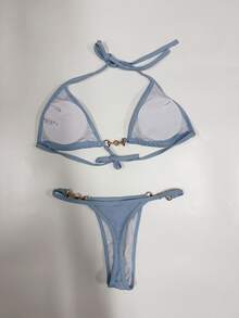 New Style Triangle Bikini Set With Thong Bottom, Metal Accessories, Solid Color Summer Beach - Baby Blue - View 2