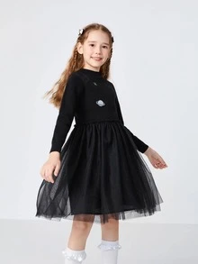 Balabala 女大童星球印花網紗邊洋裝 - 黑色 - 查看 1