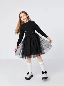 Balabala 女大童星球印花網紗邊洋裝 - 黑色 - 查看 5