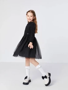 Balabala 女大童星球印花網紗邊洋裝 - 黑色 - 查看 4