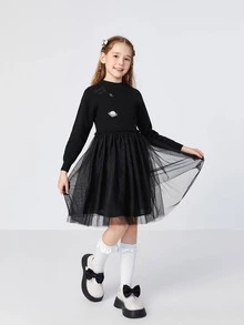 Balabala 女大童星球印花網紗邊洋裝 - 黑色 - 查看 3