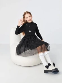 Balabala 女大童星球印花網紗邊洋裝 - 黑色 - 查看 6